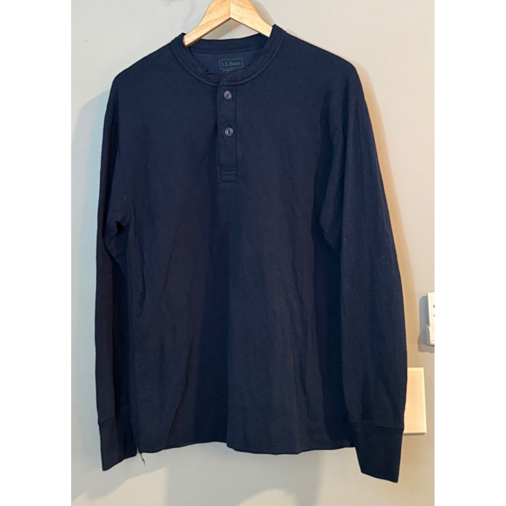 LL Bean River Driver Henley Medium Blue Wool Blend Long Sleeve Traditional Fit